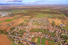 Village overview up to the Queichwiesen from the south in Ottersheim bei Landau in the state Rhineland-Palatinate, Germany