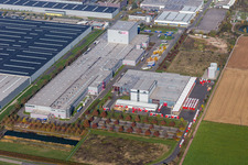 Aerial view of Warehouses and forwarding building of Tricor Packaging & Logistics AG in Offenbach an der Queich in the state Rhineland-Palatinate, Germany