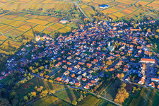 Wine-growing village from the west between autumn-colored vineyards in the district Rechtenbach in Schweigen-Rechtenbach in the state Rhineland-Palatinate, Germany