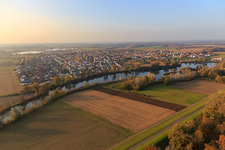 View from the southeast behind the waters Fish meal on the Rhine dam in Leimersheim in the state Rhineland-Palatinate, Germany