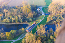 Aerial view of Pumping station and lock house Sonderheim South for the Michelsbach in the district Sondernheim in Germersheim in the state Rhineland-Palatinate, Germany