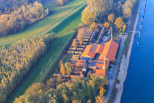 Aerial view of Sondernheim Brickworks Museum and Rhine Cycle Route rest area on the Rhine dam in Germersheim in the state Rhineland-Palatinate, Germany