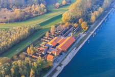 Aerial photograpy of Sondernheim Brickworks Museum and Rhine Cycle Route rest area on the Rhine dam in Germersheim in the state Rhineland-Palatinate, Germany