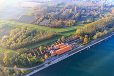 Sondernheim Brickworks Museum and Rhine Cycle Route rest area on the Rhine dam in Germersheim in the state Rhineland-Palatinate, Germany from above