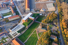 Aerial view of Fronte Lamotte city park with community center Germersheim and tourism, culture and visitor center in the Weissenburg gate building as well as the day care center "Die Kleinen Strolche" in Germersheim in the state Rhineland-Palatinate, Germany