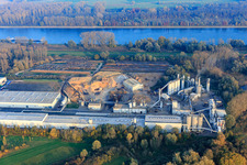 Aerial view of Konrad-Nolte-Straße industrial area from the west with Rheinspan GmbH & Co. KG in Germersheim in the state Rhineland-Palatinate, Germany
