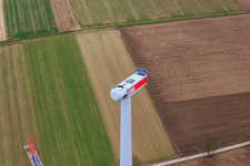 Aerial view of Wind turbine before rotor assembly on the construction site of EnBW's Freckenfeld wind farm in Freckenfeld in the state Rhineland-Palatinate, Germany