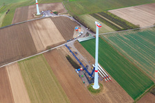 Aerial photograpy of Wind turbine before rotor assembly on the construction site of EnBW's Freckenfeld wind farm in Freckenfeld in the state Rhineland-Palatinate, Germany