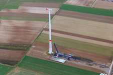 Oblique view of Wind turbine before rotor assembly on the construction site of EnBW's Freckenfeld wind farm in Freckenfeld in the state Rhineland-Palatinate, Germany