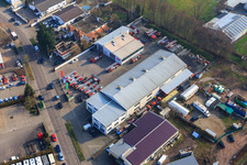 Aerial photograpy of Barthelsmühlring with turntable ladder workshop Beitel und Stier GmbH, Ronnys Folienwelt GmbH and Liquid Hydraulik GmbH in the district Minderslachen in Kandel in the state Rhineland-Palatinate, Germany