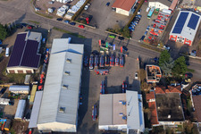 Aerial view of Barthelsmühlring with turntable ladder workshop Beitel und Stier GmbH, Ronnys Folienwelt GmbH in the district Minderslachen in Kandel in the state Rhineland-Palatinate, Germany