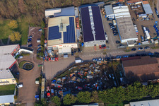 Oblique view of Buschurweg with Zeich Metallbau GmbH, ArcoSYS Computervertriebs GmbH, Frey Metalltechnik, owner Dipl.-Ing. Matthias Frey eK and PLAY POINT arcade in the district Minderslachen in Kandel in the state Rhineland-Palatinate, Germany