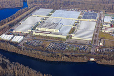 Aerial view of Insel Grün with Mercedes-Benz Global Logistics Center and MOSOLF Logistics & Services GmbH in Germersheim in the state Rhineland-Palatinate, Germany