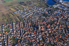 Village overview from the southeast in the district Rheinsheim in Philippsburg in the state Baden-Wuerttemberg, Germany