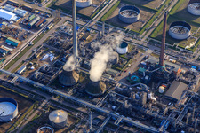 Chimneys of the MIRO oil refinery in the district Knielingen in Karlsruhe in the state Baden-Wuerttemberg, Germany