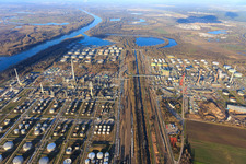 Railway tracks, tanks and facilities of the MIRO oil refinery in the district Knielingen in Karlsruhe in the state Baden-Wuerttemberg, Germany