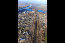 Aerial view of Railway tracks, tanks and facilities of the MIRO oil refinery in the district Knielingen in Karlsruhe in the state Baden-Wuerttemberg, Germany