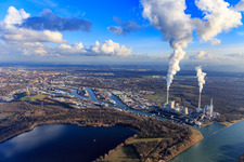 Large exhaust/steam plume of EnBW Energie Baden-Württemberg AG, Rhine port steam power plant Karlsruhe at the Karlsruhe Rhine ports in winter from the north in the district Daxlanden in Karlsruhe in the state Baden-Wuerttemberg, Germany