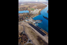 Wharves and piers with ship loading terminals in the new inner harbor at the Rhine river in Lauterbourg in Grand Est, France