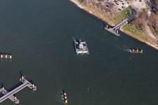 Aerial view of Ride a ferry ship Solar-Rhine ferry in Plittersdorf in the state Baden-Wurttemberg, Germany