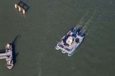 Oblique view of Ride a ferry ship Solar-Rhine ferry in Plittersdorf in the state Baden-Wurttemberg, Germany