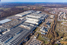 Aerial photograpy of Buildings and production halls on the vehicle construction site of Merceof-Benz factory Rastatt in Rastatt in the state Baden-Wurttemberg, Germany