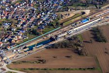 Aerial photograpy of ICE route construction site with concrete coffin and railway tunnel Rastatt Portal South in the district Niederbühl in Rastatt in the state Baden-Wuerttemberg, Germany