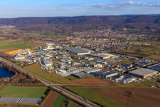 Industrial area beyond the A5 from the southwest with DACHSER SE, Seifert Logistics Group, CTDI GmbH and Transport Betz Logistik GmbH in Malsch in the state Baden-Wuerttemberg, Germany
