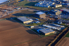 Industrial area in Speyer Valley with TRANSAC International Speditionsgesellschaft mbH, Markthalle 5, and the construction site of the new Kardex Software GmbH building in Rülzheim in the state Rhineland-Palatinate, Germany