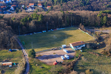 Aerial view of Football field at the edge of the forest of SV 1946 Dörrenbach football club and mobile home parking space Dörrenbach in Dörrenbach in the state Rhineland-Palatinate, Germany