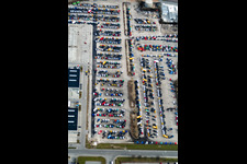 Aerial view of Parking space for Daimler truck production in Wörth am Rhein in the state Rhineland-Palatinate, Germany