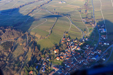Aerial view of Martinskirche and Sonnenbergstr in Leinsweiler in the state Rhineland-Palatinate, Germany