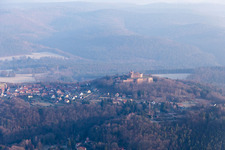 Aerial photograpy of Castle ruins of the Château de Lichtenberg in the Northern Vosges in Lichtenberg in the state Bas-Rhin, France