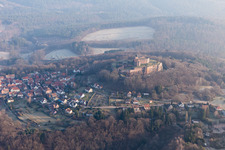 Oblique view of Castle ruins of the Château de Lichtenberg in the Northern Vosges in Lichtenberg in the state Bas-Rhin, France