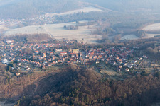 Castle ruins of the Château de Lichtenberg in the Northern Vosges in Lichtenberg in the state Bas-Rhin, France out of the air