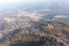 Bird's eye view of Castle ruins of the Château de Lichtenberg in the Northern Vosges in Lichtenberg in the state Bas-Rhin, France