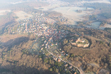 Castle ruins of the Château de Lichtenberg in the Northern Vosges in Lichtenberg in the state Bas-Rhin, France viewn from the air