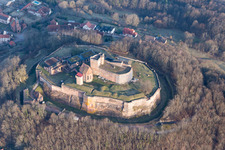 Drone recording of Castle ruins of the Château de Lichtenberg in the Northern Vosges in Lichtenberg in the state Bas-Rhin, France