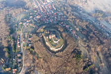 Drone image of Castle ruins of the Château de Lichtenberg in the Northern Vosges in Lichtenberg in the state Bas-Rhin, France