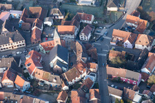 Oblique view of Protestantic Church building in the center of a circle of houses in the village of in Dossenheim-sur-Zinsel in Grand Est, France