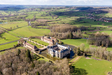 Aerial view of Building and castle park systems of water castle Sully in Sully in Bourgogne-Franche-Comte, France