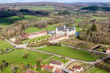 Water castle Château Sully in Burgundy in Sully in the state Saone et Loire, France from above