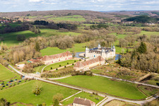 Water castle Château Sully in Burgundy in Sully in the state Saone et Loire, France out of the air