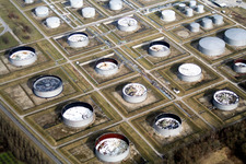 Oil tanks of the refinery on the Rhine in the district Knielingen in Karlsruhe in the state Baden-Wuerttemberg, Germany