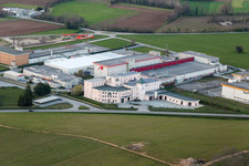 Aerial photograpy of Warehouse complex-building in the industrial area of Prosciuttificio Friulano und Leoncini Prosciutti in San Daniele del Friuli in Friuli-Venezia Giulia, Italy