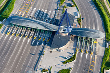 Aerial photograpy of Highway toll station and paying agent of the A 4 (Punto Blu) in Ronchis in Friuli-Venezia Giulia, Italy