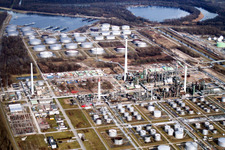Aerial view of Oil tanks of the refinery on the Rhine in the district Knielingen in Karlsruhe in the state Baden-Wuerttemberg, Germany