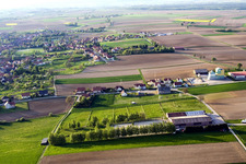 Aerial view of Niederseebach in Seebach in the state Bas-Rhin, France