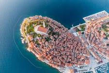 Aerial view of Townscape on the seacoast of the Mediterranean sea in Rovinj in Istarska zupanija, Croatia