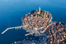 Oblique view of Townscape on the seacoast of the Mediterranean sea in Rovinj in Istarska zupanija, Croatia